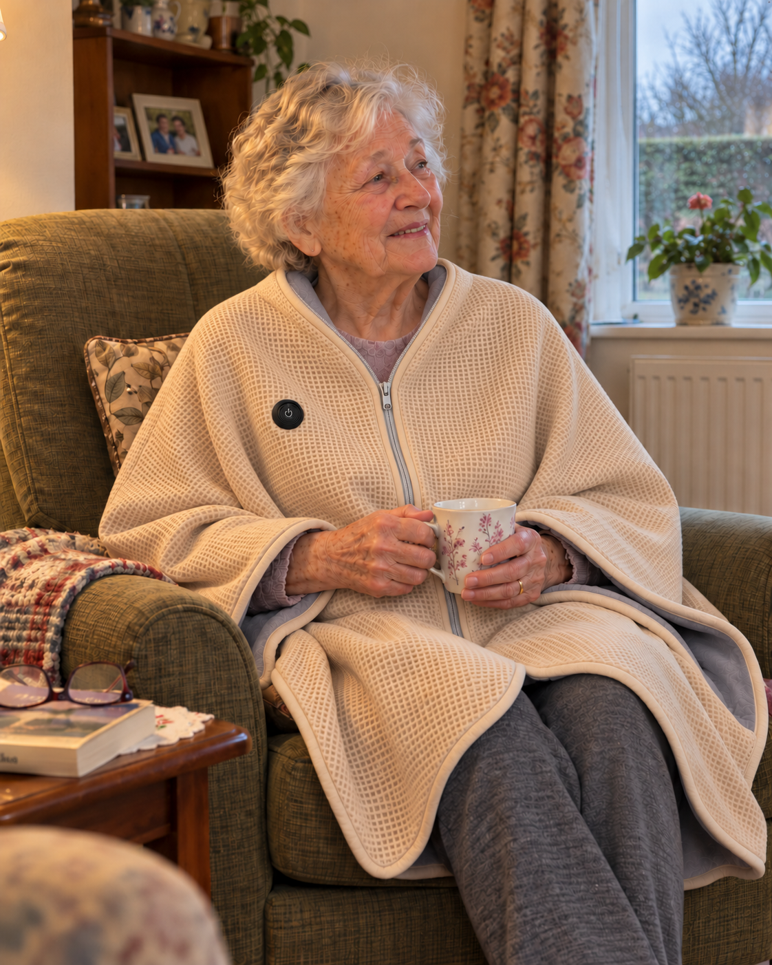 Grandmother wearing the CozyWrap in a warm room beside a wintry window