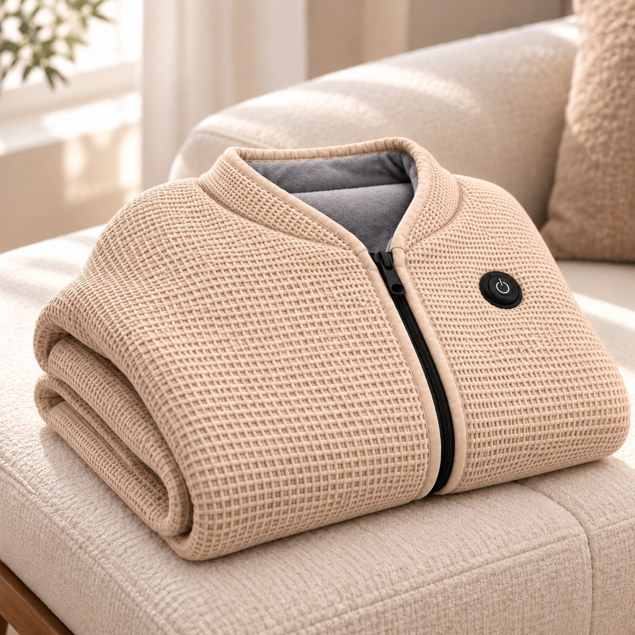 Close-up of the waffle knit, soft lining, zipper and heat-control button