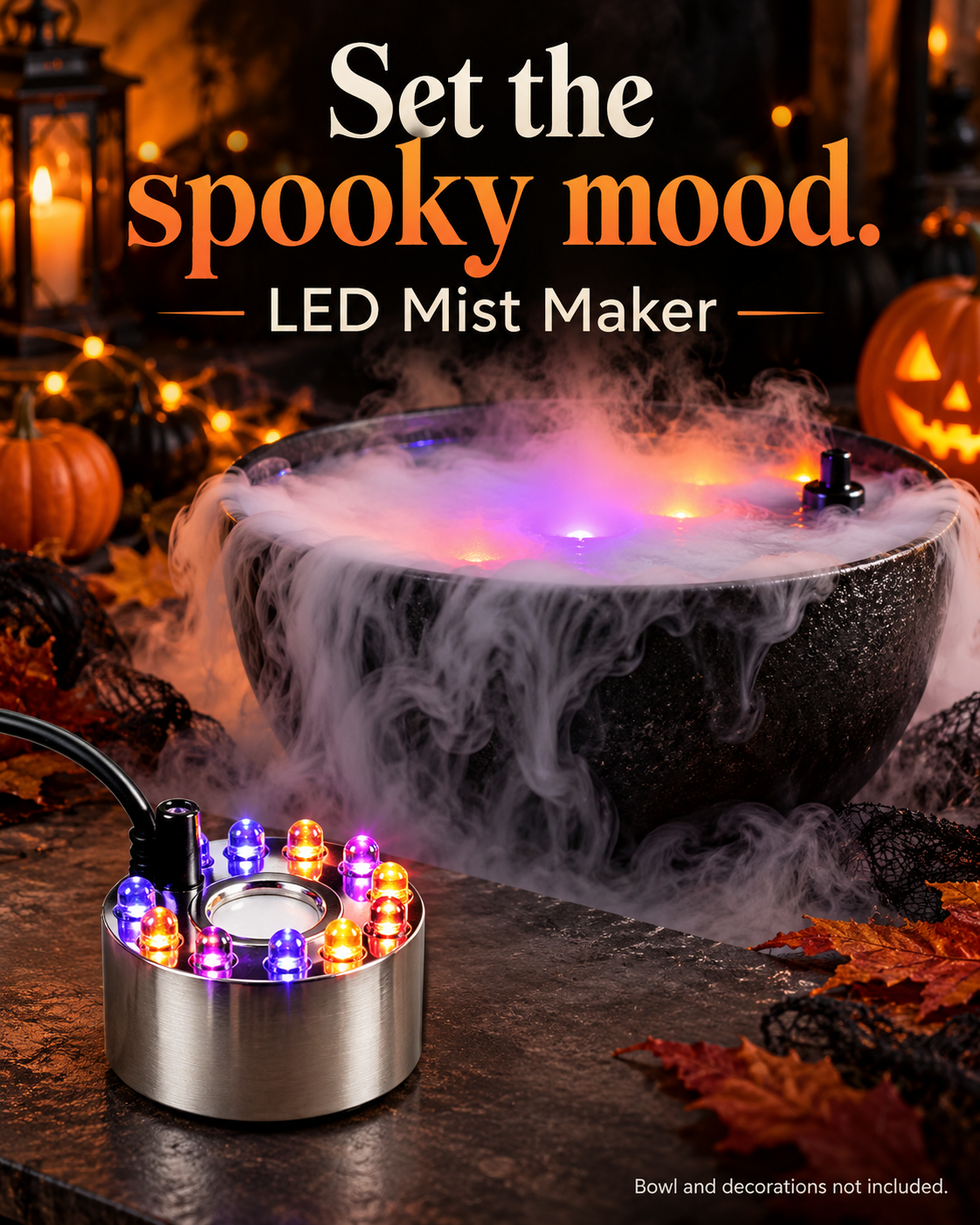 Halloween Lights Mist Maker,Halloween Machine Ultrasonic Mist Water Pond 12 LED Red Yellow and Blue Light Flashes for Halloween Party Decorations and Rockery Fishtank Vase Birdbath Deco