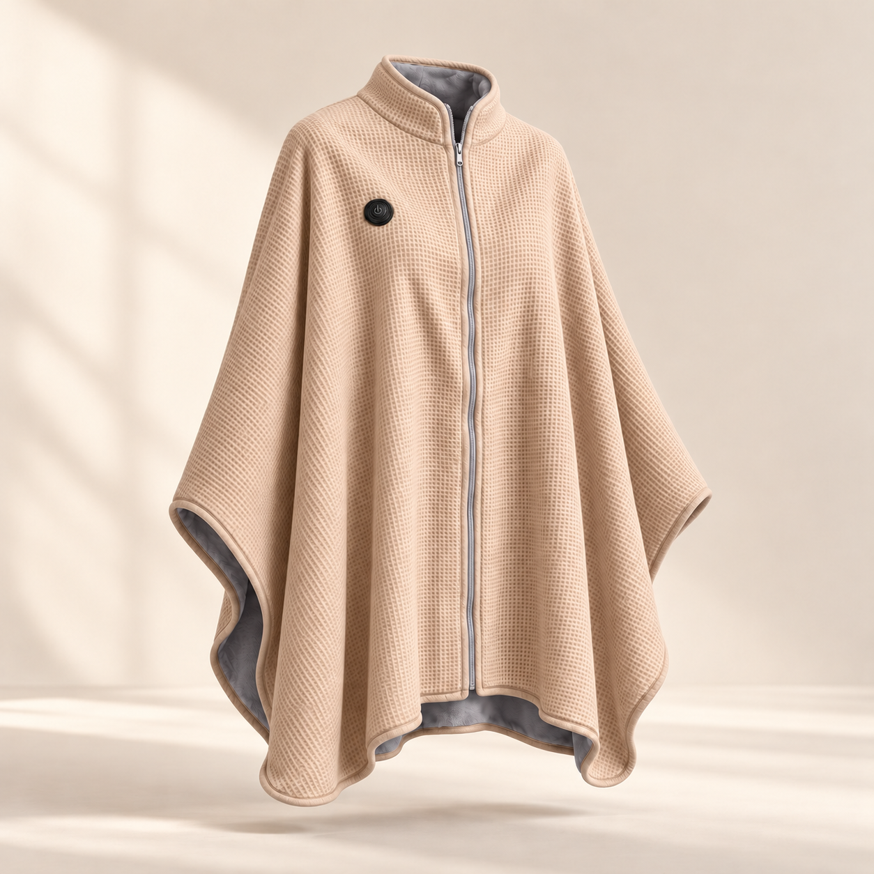 Ellora CozyWrap in oatmeal with a gray lining, zip front and round heat button
